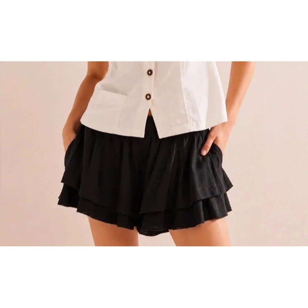 Free People Free Est Waterfall Mini Skort Ruffle Layered Pull On Black S 291056